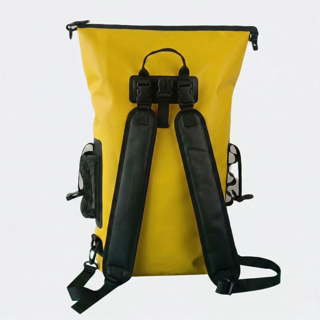 Sac à dos étanche jaune 21L, vue de dos avec bretelles rembourrées réglables et ceinture de stabilisation
