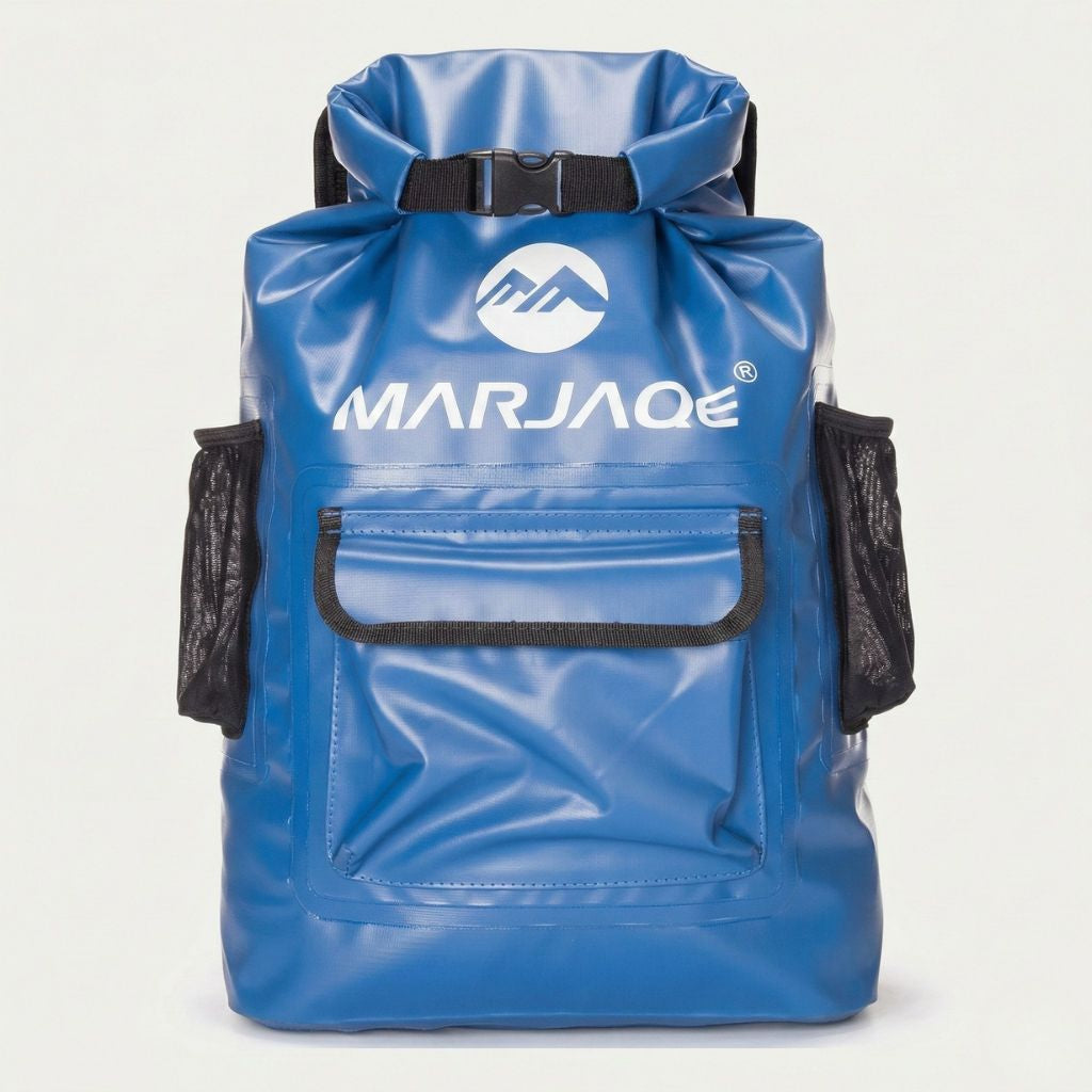 Sac à dos étanche bleu cobalt 22L roll-top de face avec poche frontale soudée et poches filet latérales