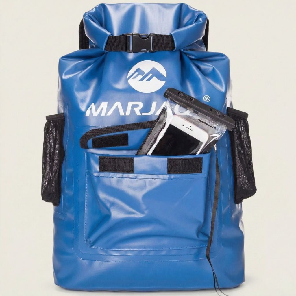 Sac à dos étanche bleu 22L de face avec poche frontale zippée et étui smartphone imperméable fixé en accessoire Image