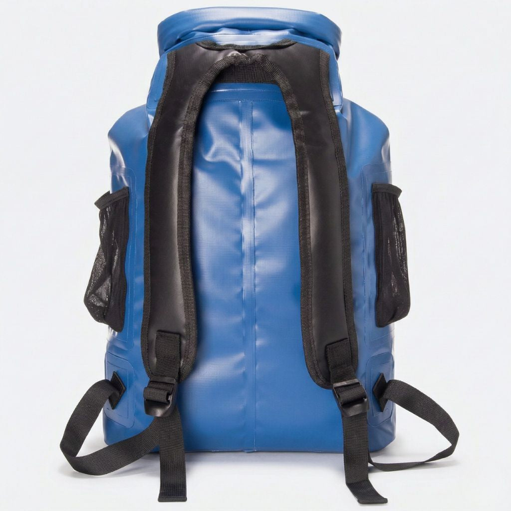 Dos du sac à dos étanche bleu roll-top 22L avec dosseret rembourré et bretelles de portage noires
