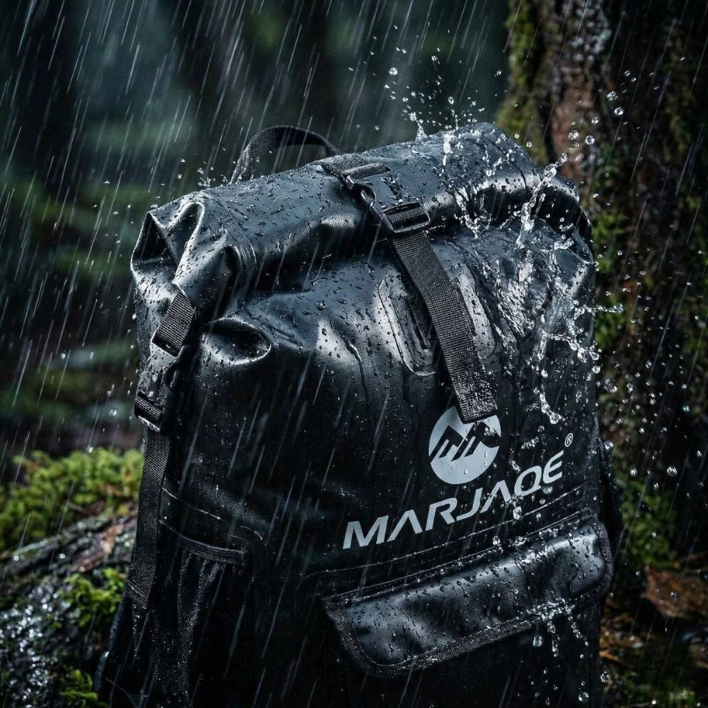Sac à dos étanche noir 22L en forêt sous une pluie battante avec gouttelettes ruisselant sur sa surface imperméable Image