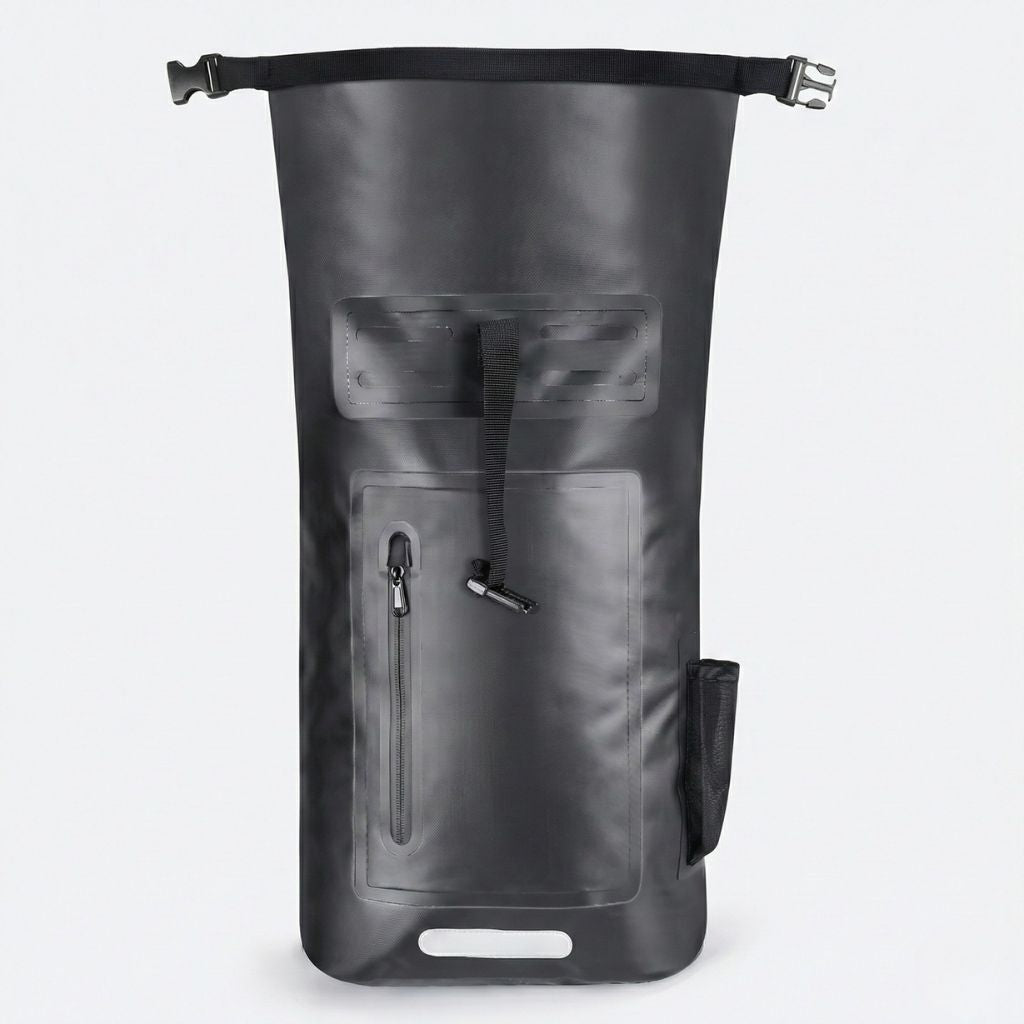 Sac à dos étanche noir 28L roll-top de face avec poche zippée frontale et fenêtre tactile translucide