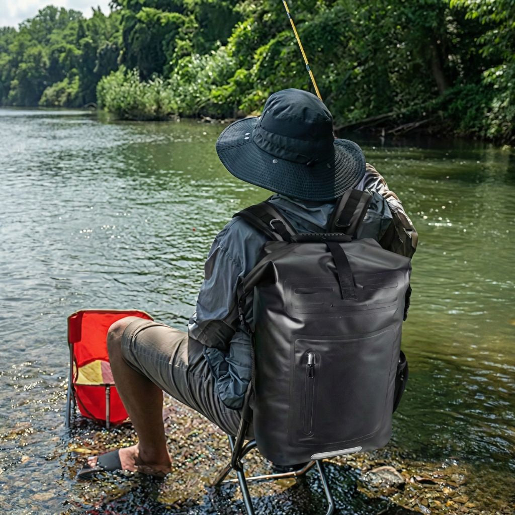 Pêcheur assis au bord d'une rivière portant le sac à dos étanche noir roll-top 28L dans la nature