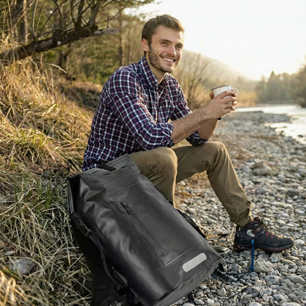 Homme souriant assis au bord d'une rivière avec un café et le sac à dos étanche noir 28L à ses côtés