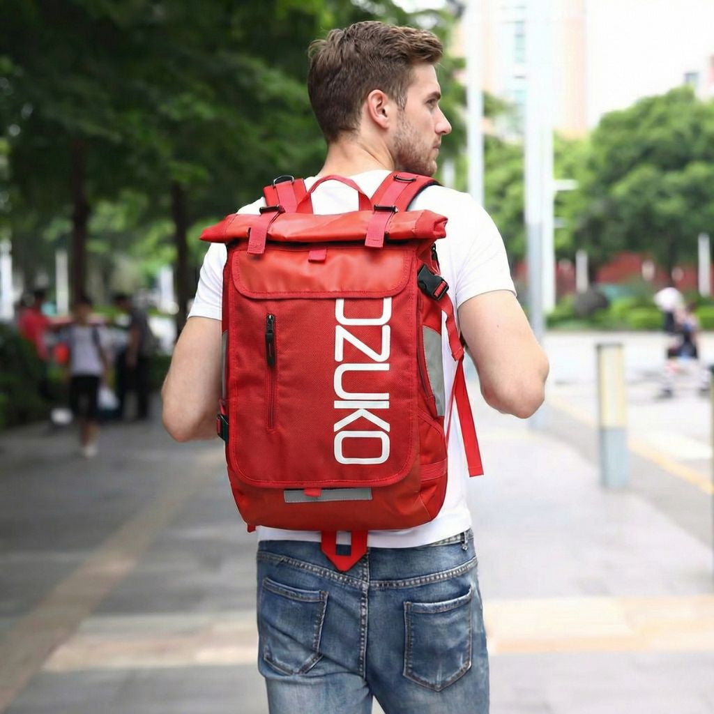 Homme de dos portant le sac à dos rouge roll-top urban dans un parc, en situation de déplacement