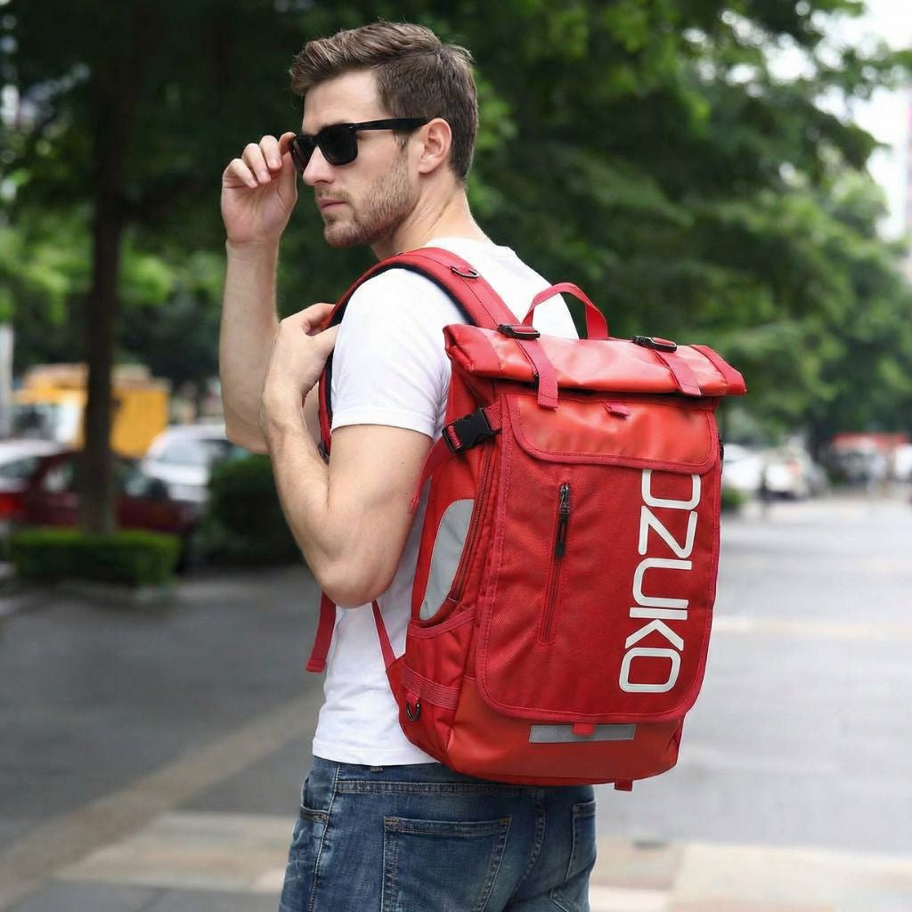 Homme portant un sac à dos étanche roll-top rouge dans une rue en ville, bretelles et sangles ajustables Image