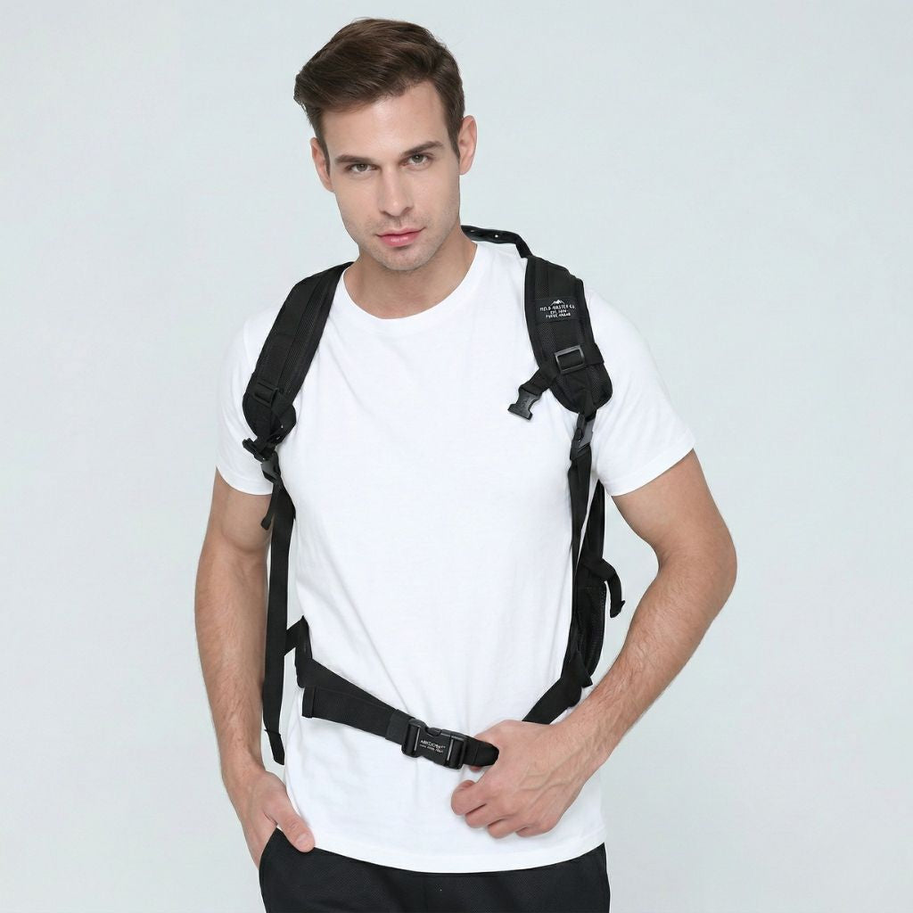 Homme de face portant le sac étanche noir roll-top avec ceinture ventrale et bretelles ajustables