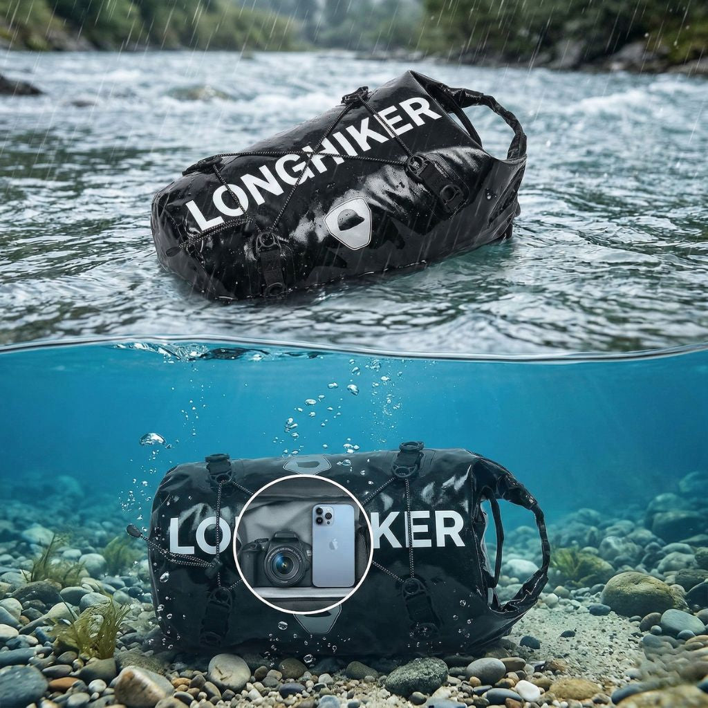 Diptyque illustrant l'étanchéité d'un sac à dos noir flottant en rivière et immergé sous l'eau avec smartphone Image