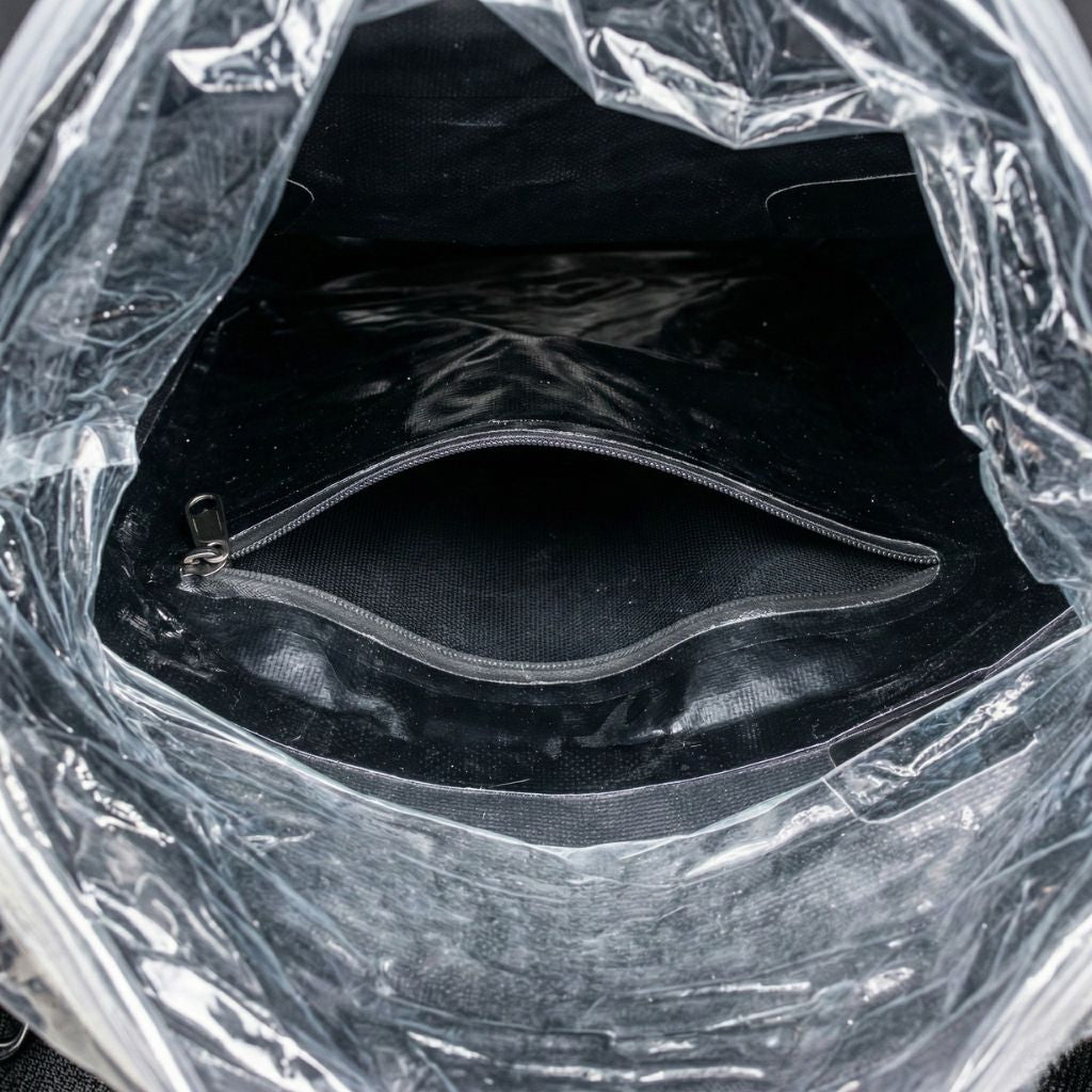 Intérieur du sac étanche roll-top noir ouvert par le haut révélant une poche zippée intérieure en mesh