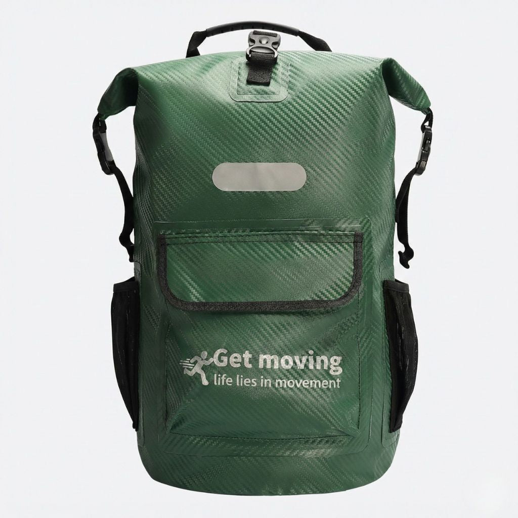 Sac à dos étanche vert kaki 25L roll-top de face avec poche frontale magnétique et bandes réfléchissantes