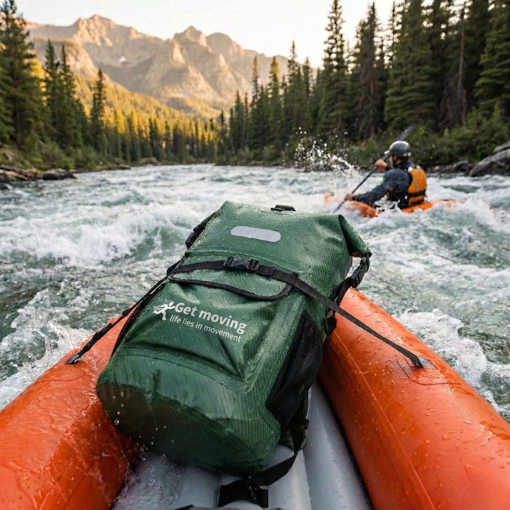 Sac à dos étanche vert roll-top sanglé sur un radeau lors d'une descente de rapides en pleine nature Image