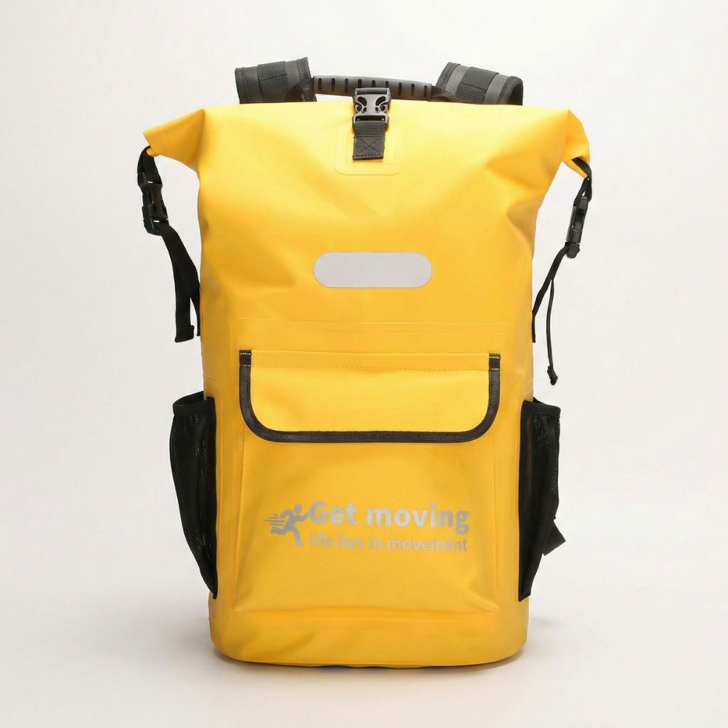 Sac à dos étanche jaune 25L roll-top de face avec poche frontale et poches filet latérales pour bouteille