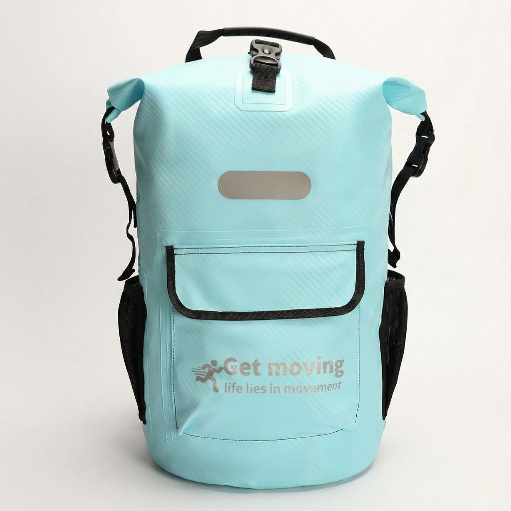 Sac à dos étanche turquoise 25L roll-top de face avec poche frontale, bande réfléchissante et poches filet