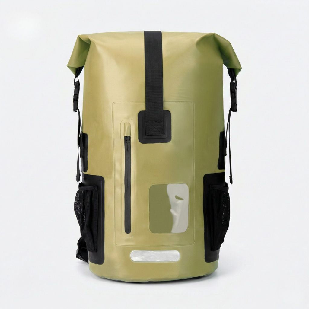 Sac à dos étanche vert armée 30L, fermeture roll-top, fenêtre frontale transparente et poches filet latérales