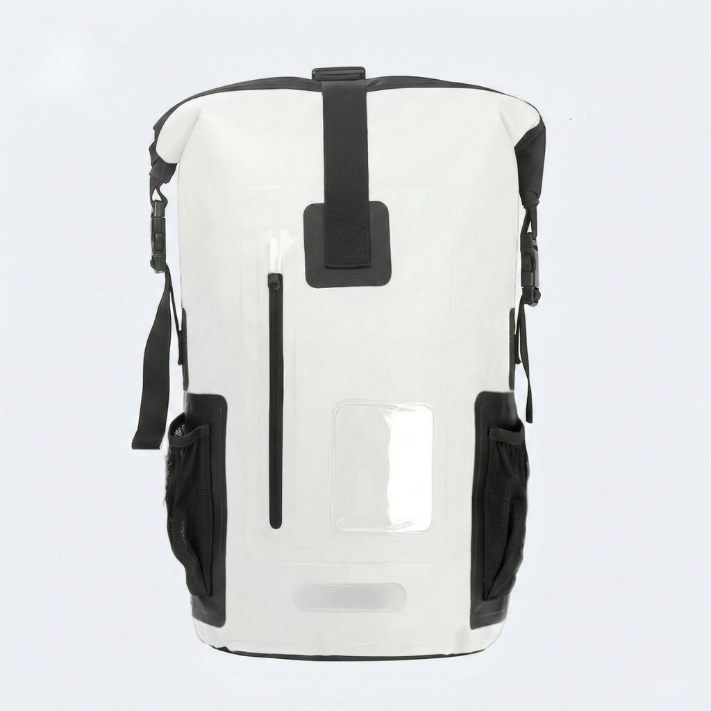 Sac à dos étanche blanc 30L, vue de face, fermeture roll-top, fenêtre frontale et poches filet latérales noires