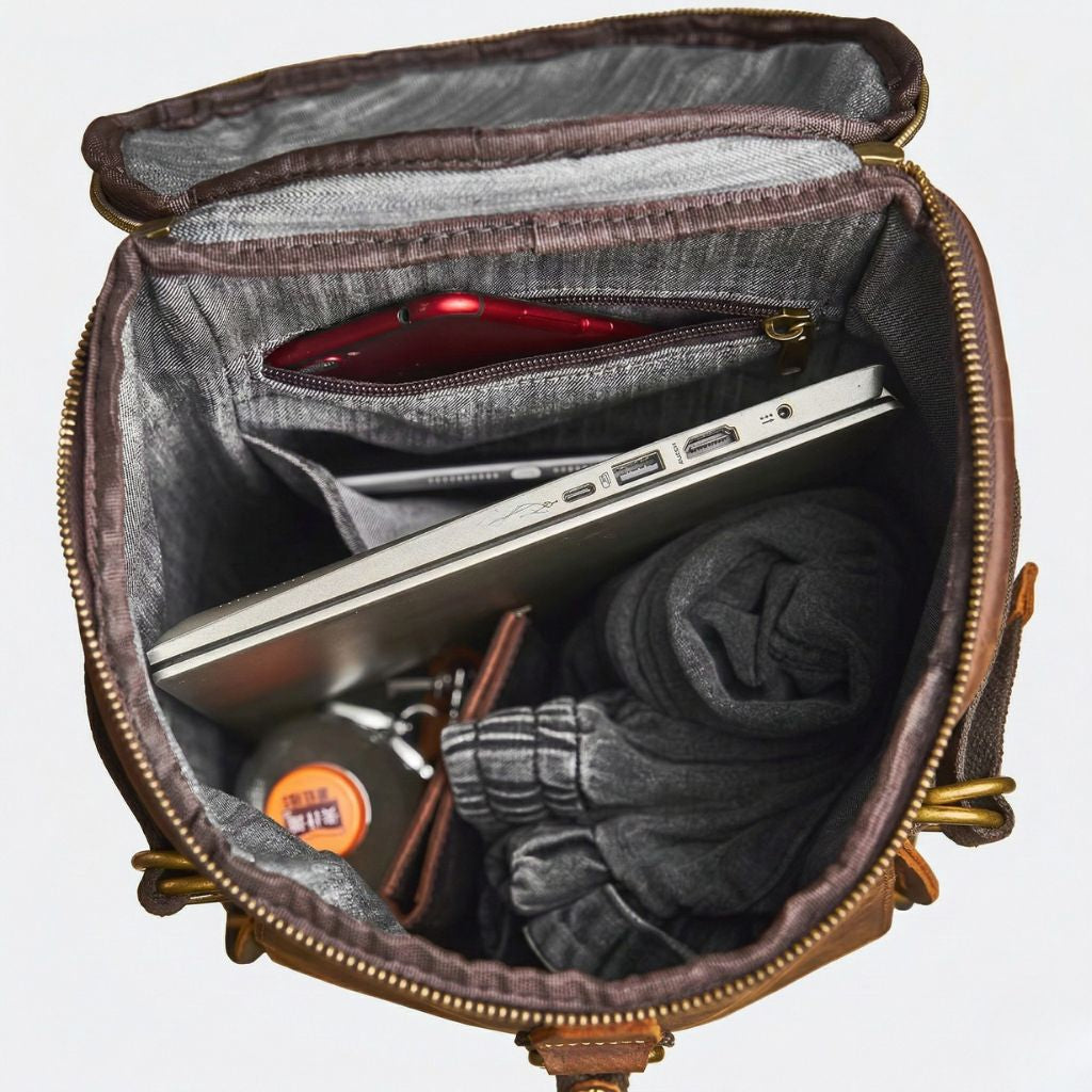 Vue plongeante du sac polochon en cuir brun ouvert révélant un ordinateur portable, pochette rouge et vêtements Image