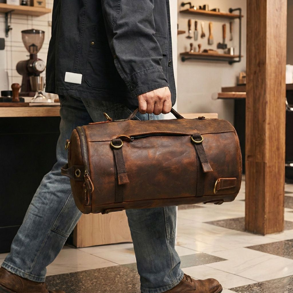 Homme portant le sac cylindrique en cuir marron vintage par la poignée dans un atelier artisanal