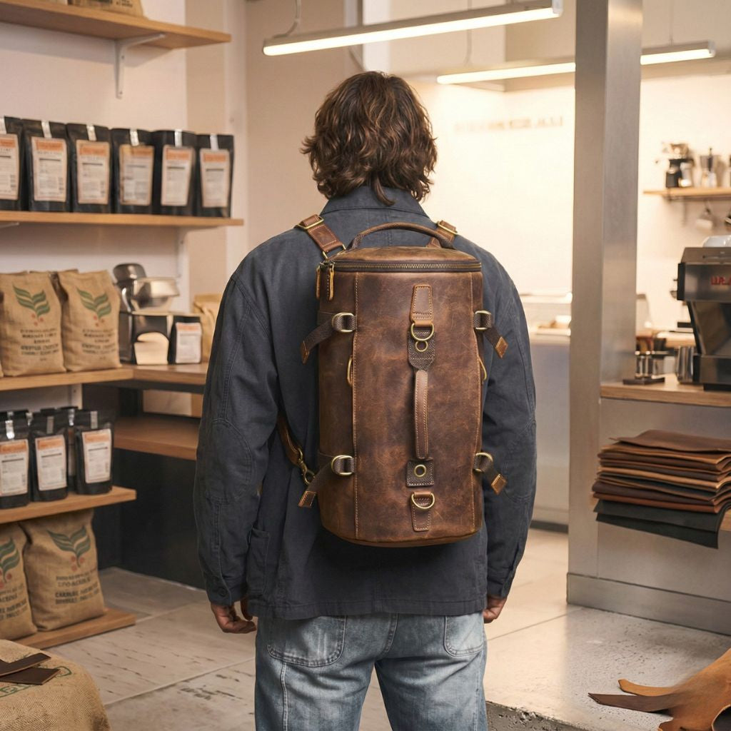 Homme portant le sac cylindrique marron en configuration sac à dos dans une épicerie, vue arrière