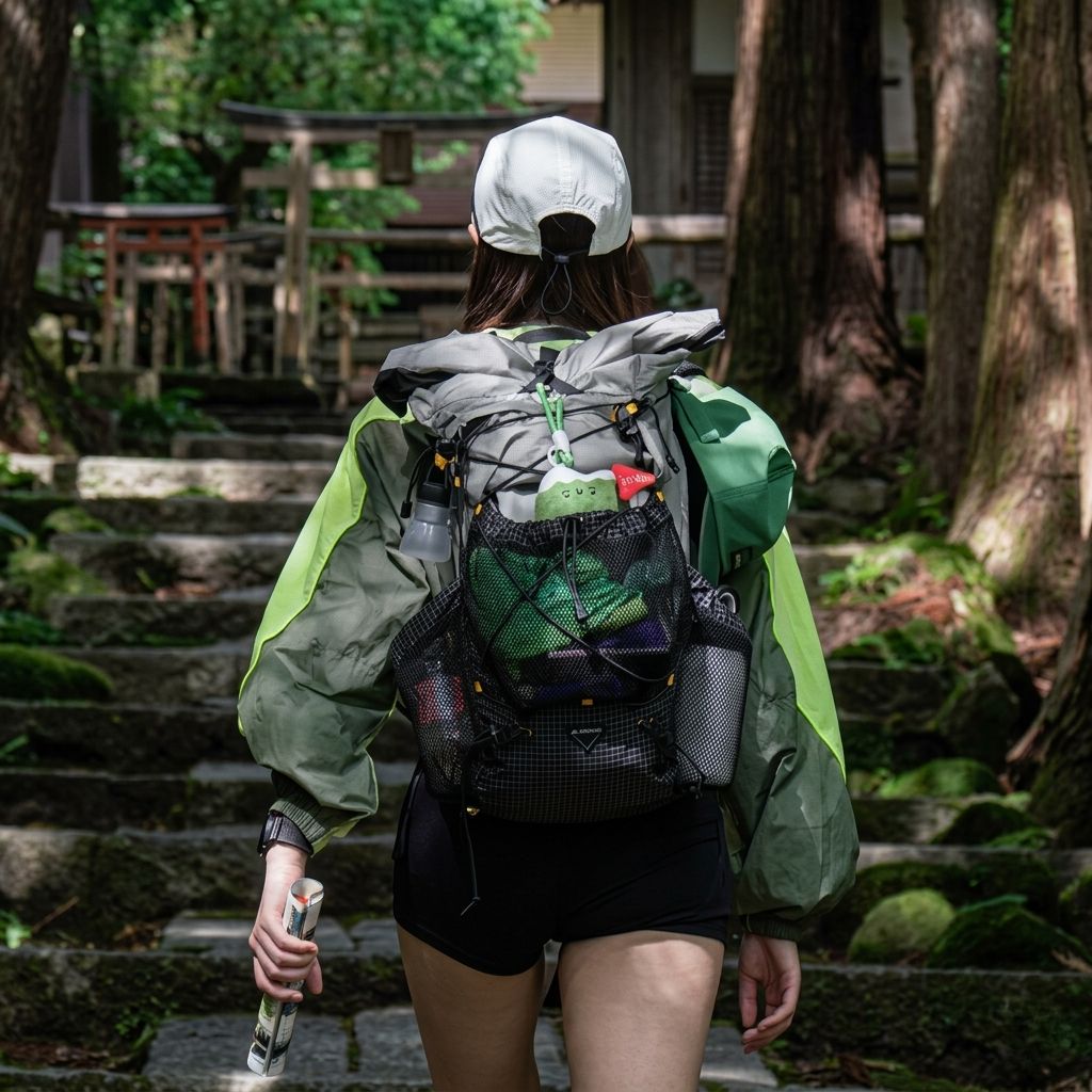 Femme de dos en forêt portant un sac à dos de randonnée gris ultraléger avec grande poche filet noire bien chargée
