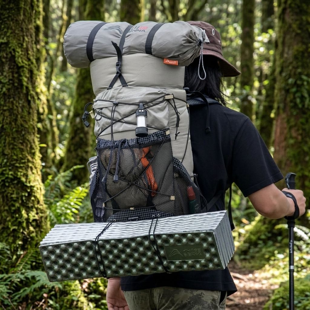 Randonneur de dos en forêt portant un sac à dos de trekking gris avec tapis de sol et équipement de camping Image