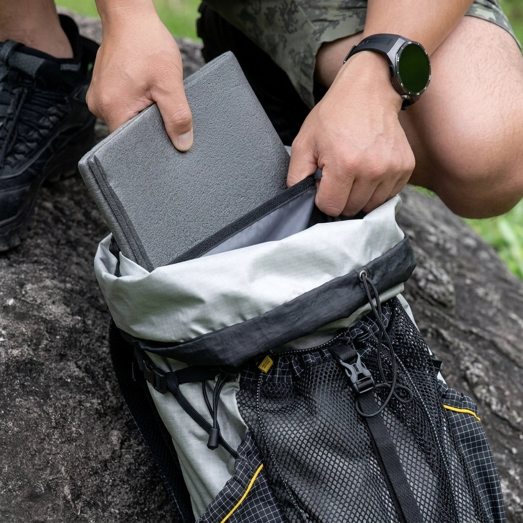 Mains insérant un carnet dans la poche supérieure d'un sac à dos de randonnée gris ultraléger posé sur un rocher Image