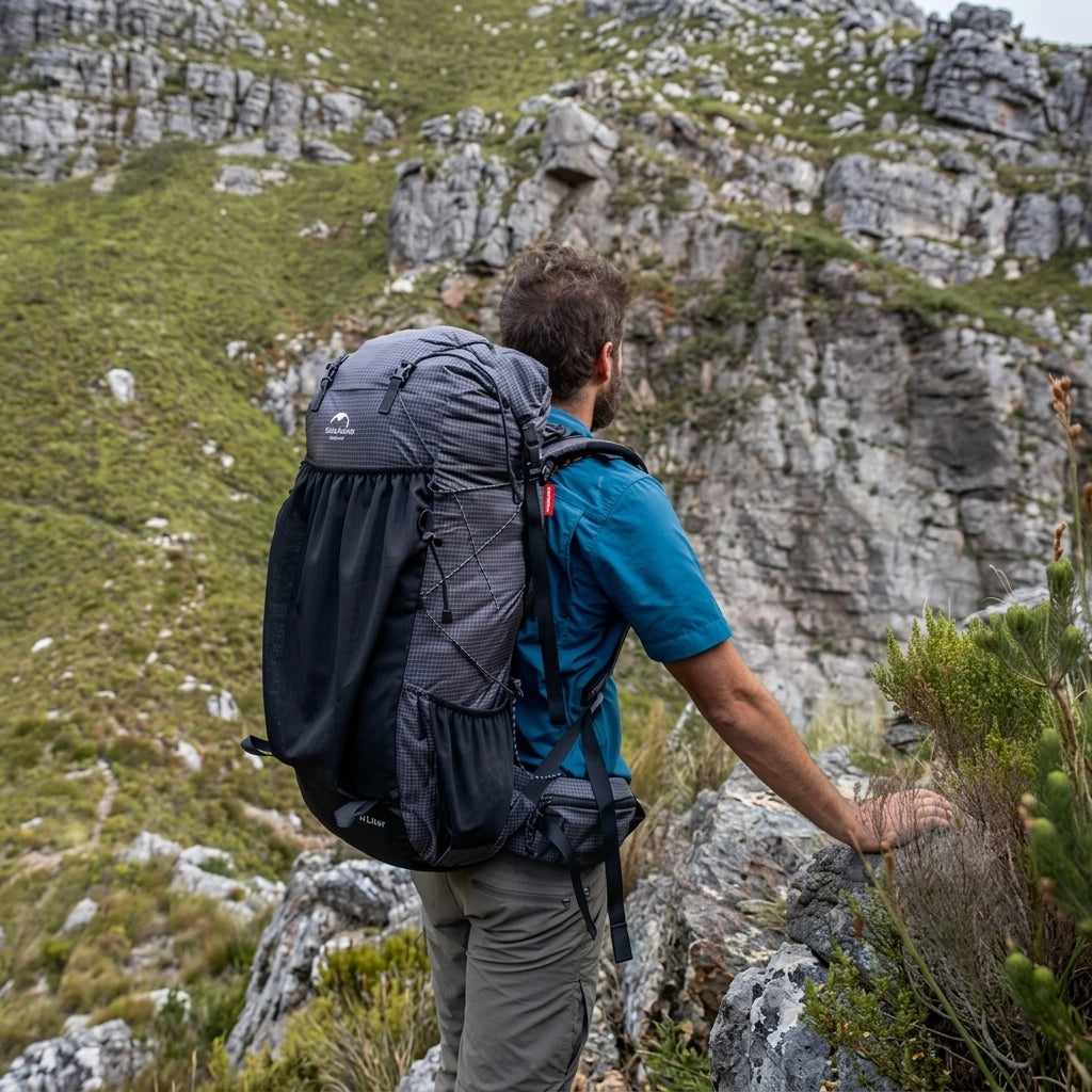 Randonneur de dos en montagne portant un sac à dos de trekking gris et noir face à une falaise rocheuse
