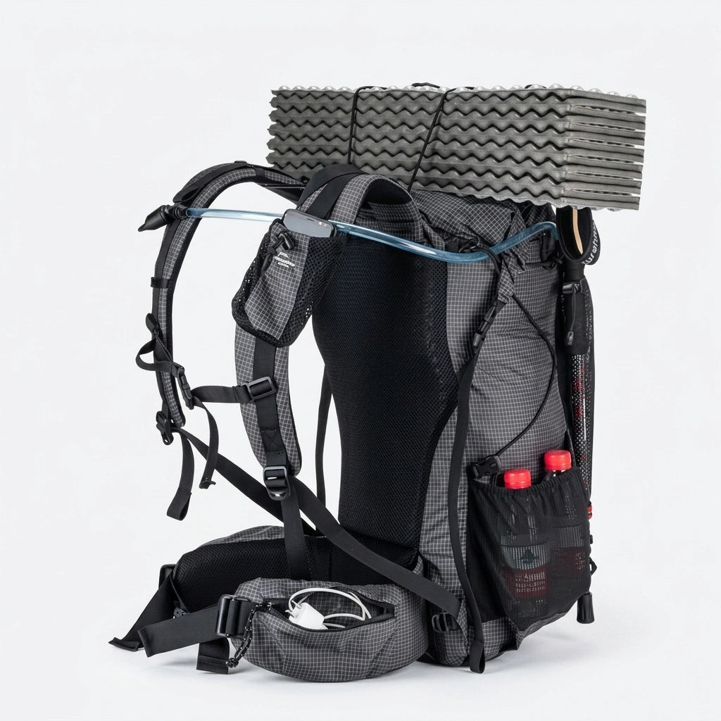 Sac à dos de randonnée gris et noir vu de dos avec tapis de sol, poche hydratation et bâtons fixés à l'extérieur Image