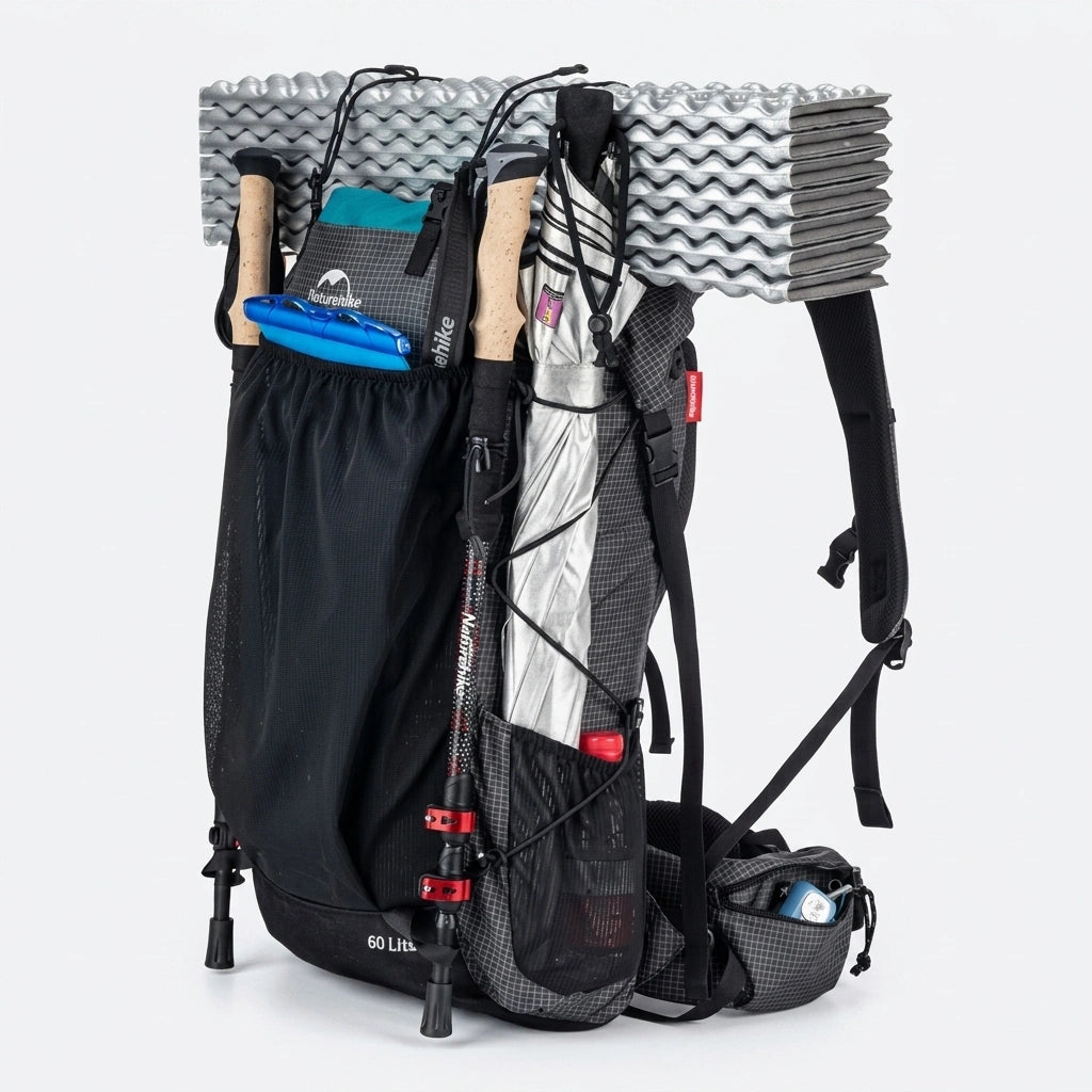 Sac à dos de trekking gris 60L vu de face chargé avec tapis de sol, bâtons de randonnée et tente fixés