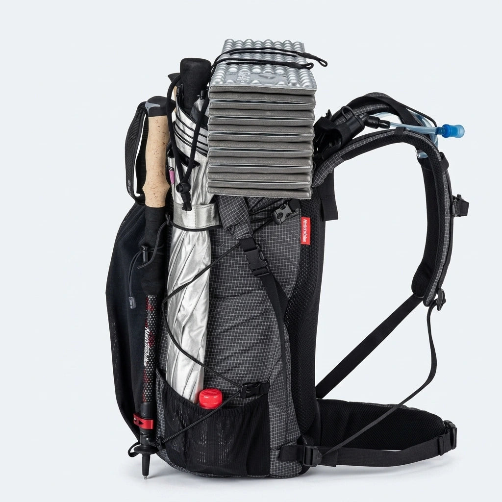 Vue latérale d'un sac à dos de trekking gris 60L chargé avec bâtons, tapis de sol et poche hydratation bleue