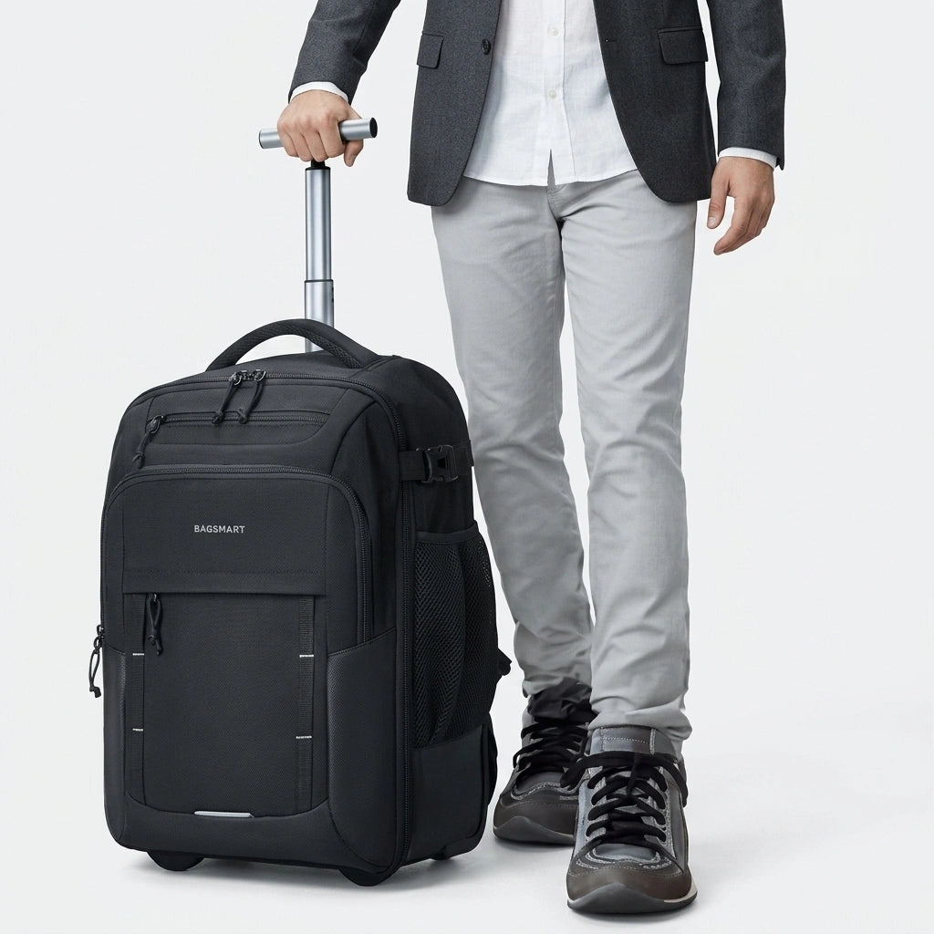 Homme tenant par la tige aluminium un sac à dos de voyage à roulettes noir 37L, vue partielle