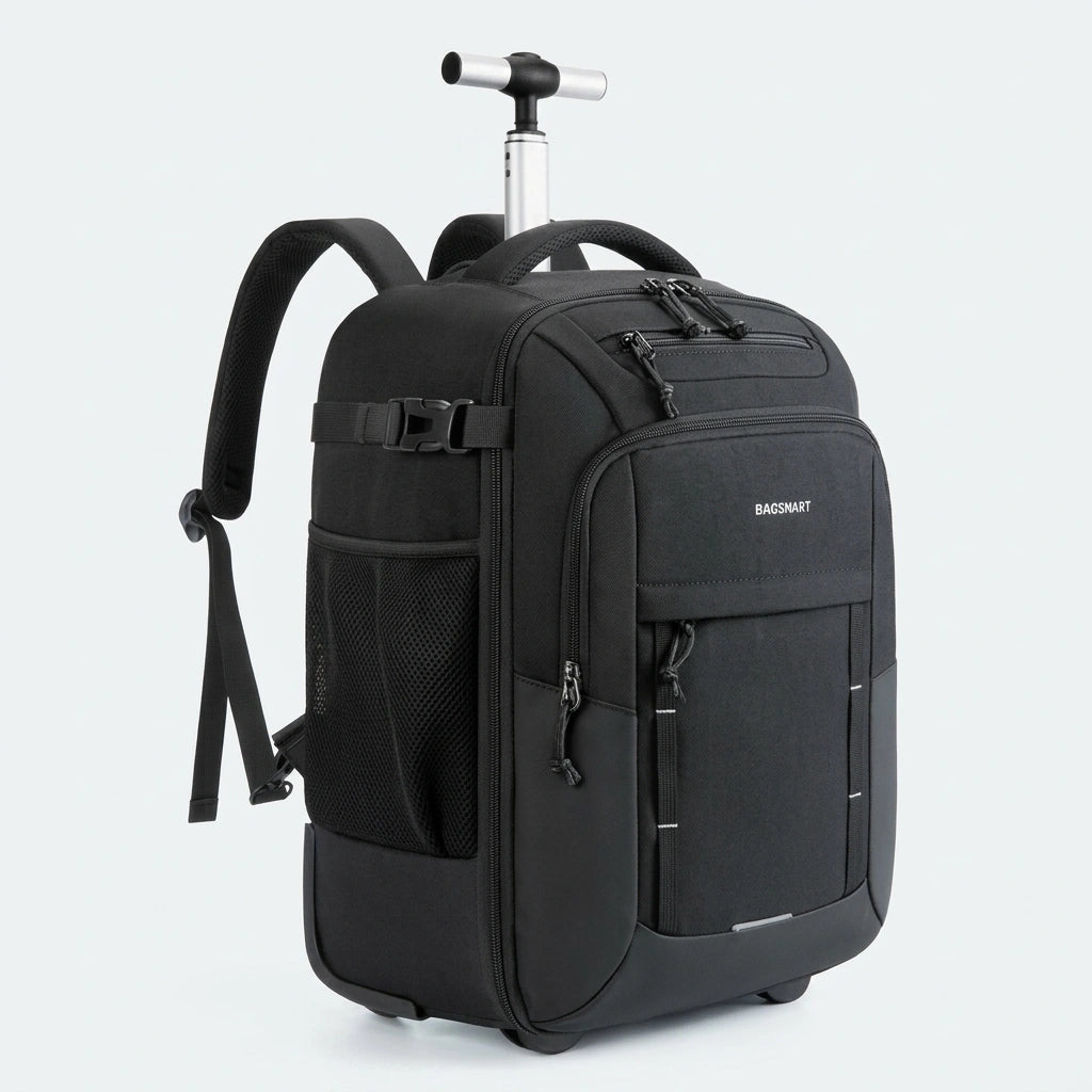 Sac à dos de voyage à roulettes noir 37L vue 3/4, tige aluminium déployée, bretelles et poche filet
