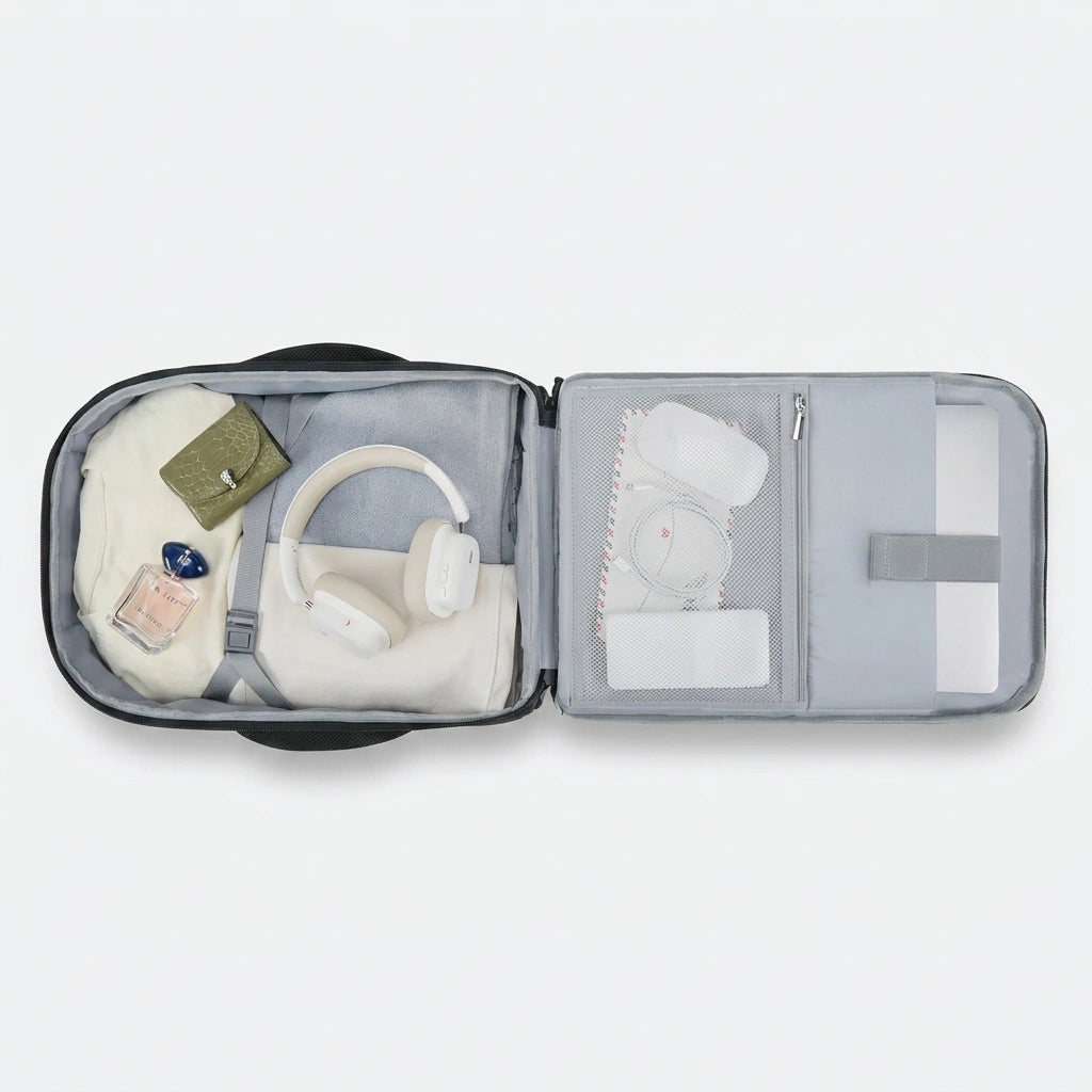 Intérieur du bagage cabine 37L ouvert vue de dessus, casque blanc, vêtements et compartiment tablette