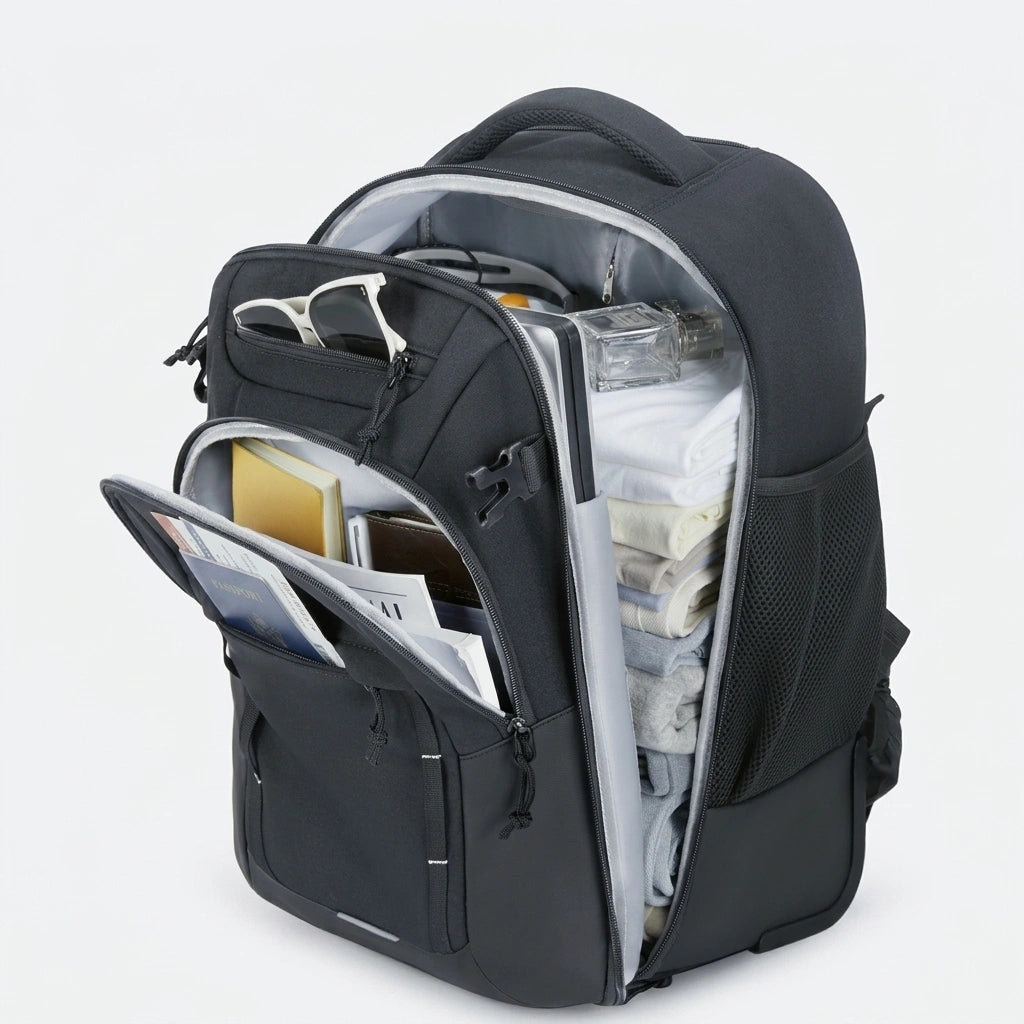 Sac à dos trolley noir 37L ouvert, compartiments chargés : vêtements blancs, carnets, passeport et lunettes