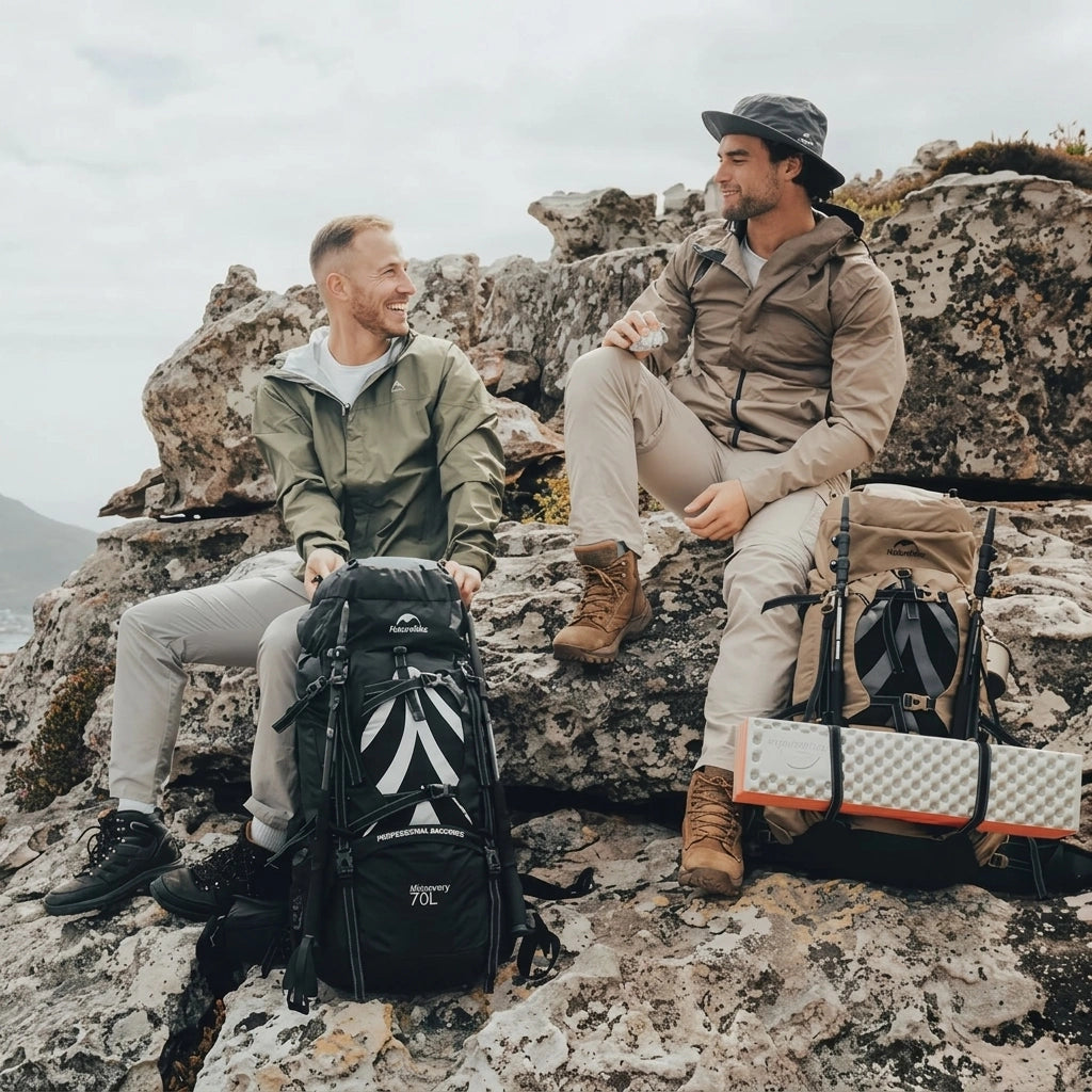 Deux randonneurs assis en altitude avec leurs sacs de randonnée 70L noir et kaki posés sur les rochers