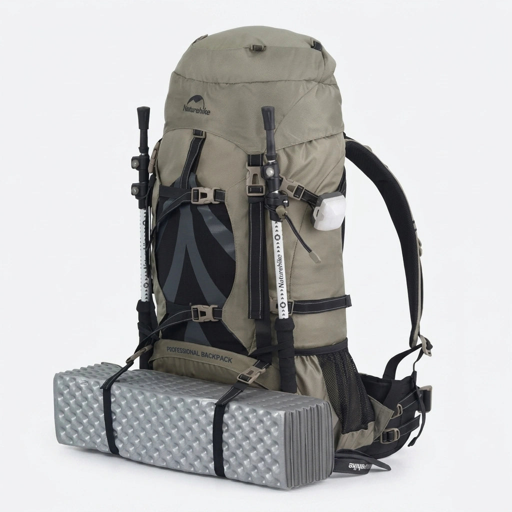 Sac à dos trekking kaki 70L équipé d'un tapis de sol et de bâtons de randonnée, posé sur fond blanc studio