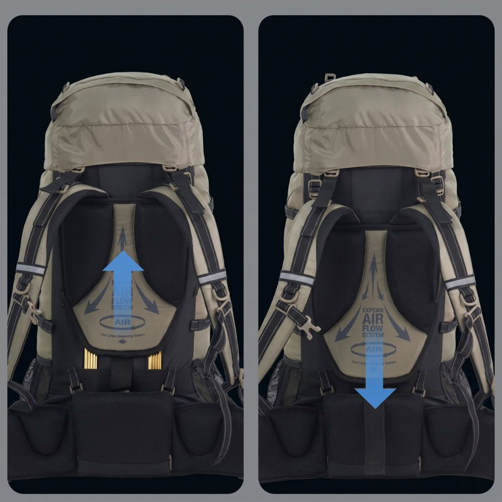 Vue technique du système de ventilation dorsale du sac à dos trekking 70L, avec illustration du flux d'air Image
