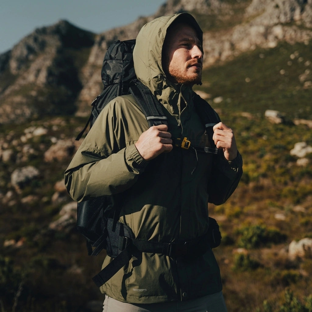 Randonneur de profil en montagne ajustant la ceinture de son sac à dos trekking 70L noir sous le soleil