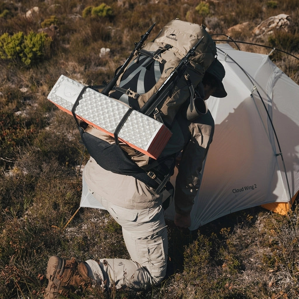Randonneur agenouillé devant sa tente avec son sac à dos trekking kaki 70L et un tapis de sol attaché Image