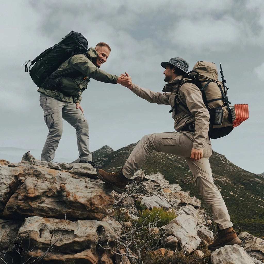 Deux randonneurs s'entraidant sur des rochers en montagne, portant leurs sacs à dos trekking noir et kaki