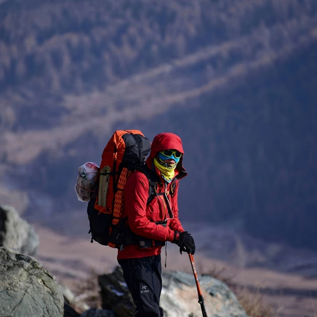 Randonneur équipé d'un sac à dos de trekking orange 52 litres sur un sommet rocheux, vêtu d'une veste rouge Image