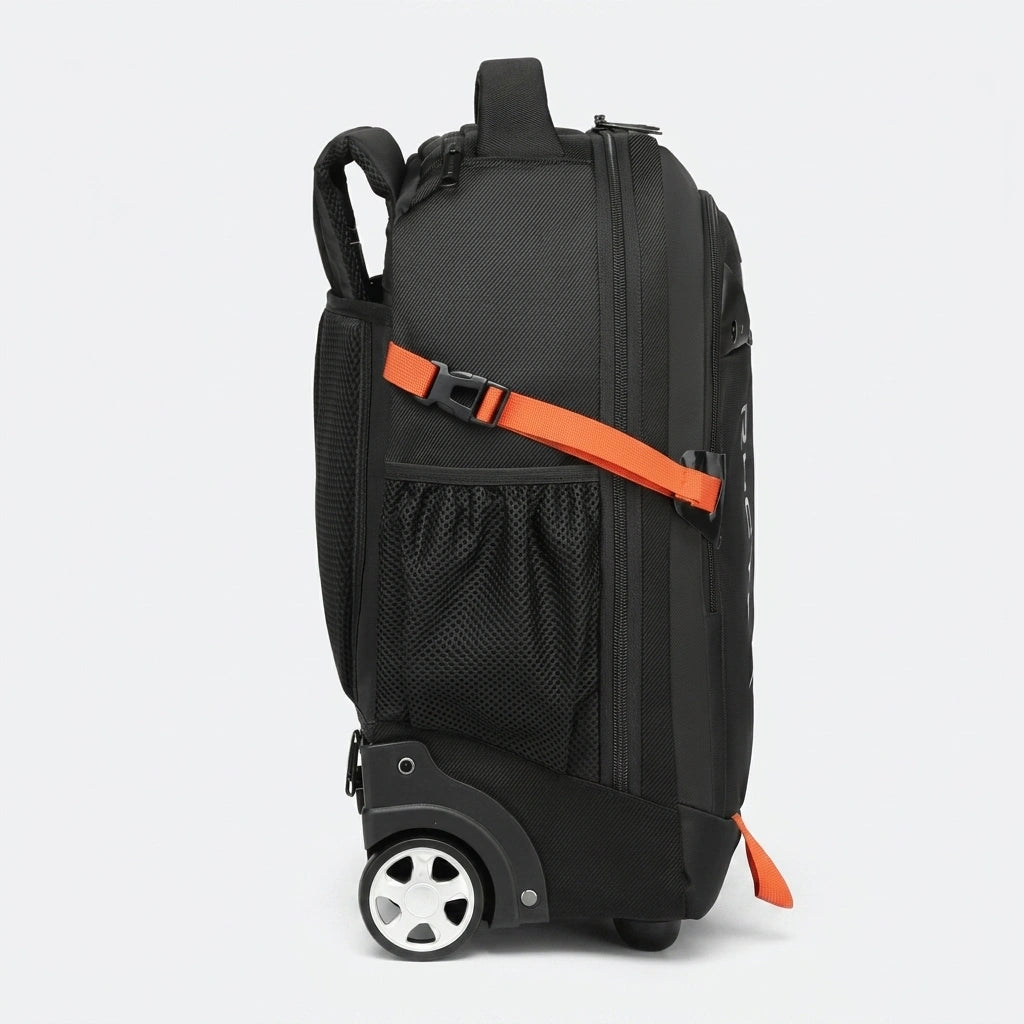 Vue latérale droite du sac de voyage trolley noir 33L, roulette blanche, sangle orange et poche filet