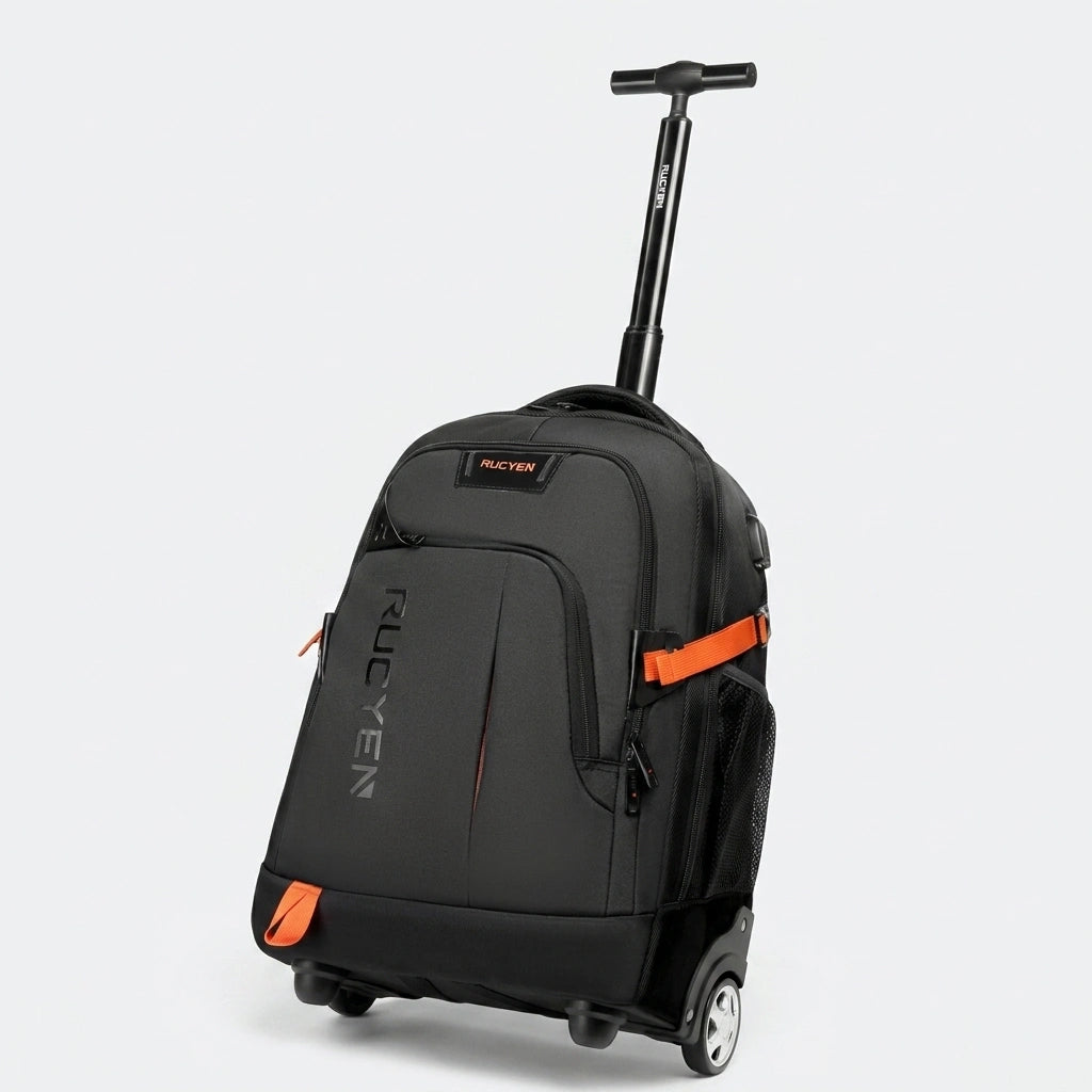 Sac à dos trolley noir et orange 33L vue 3/4, tige noire déployée et roulettes blanches visibles
