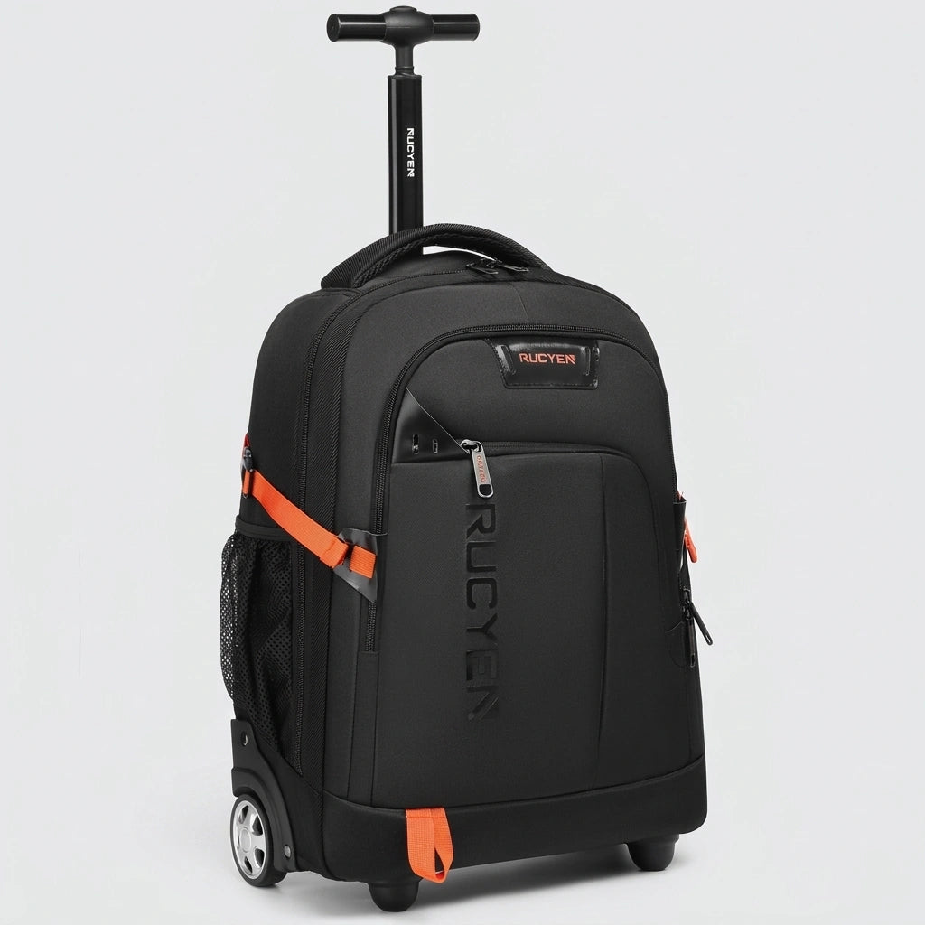 Sac à dos de voyage trolley noir 33L de face, tige noire déployée, accents orange et roulettes