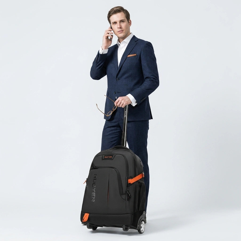 Homme en costume bleu marine tenant un bagage cabine trolley noir 33L, téléphone à l'oreille