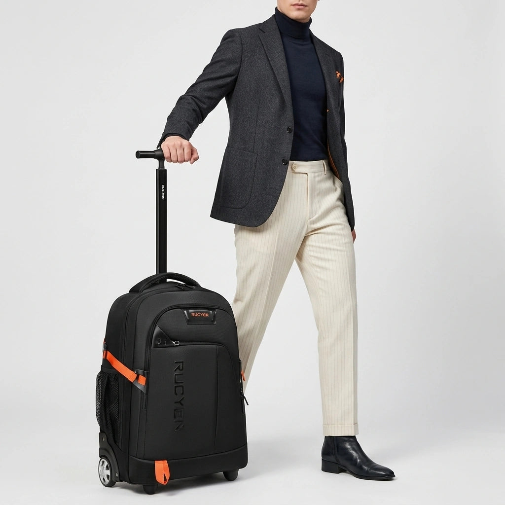 Homme en veste grise tirant un sac à dos trolley noir 33L par la tige, pantalon beige, vue 3/4
