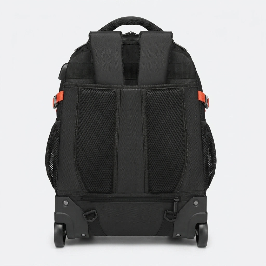 Vue arrière du sac à dos trolley noir 33L en mode roulettes, dos mesh, ceinture orange et roulettes