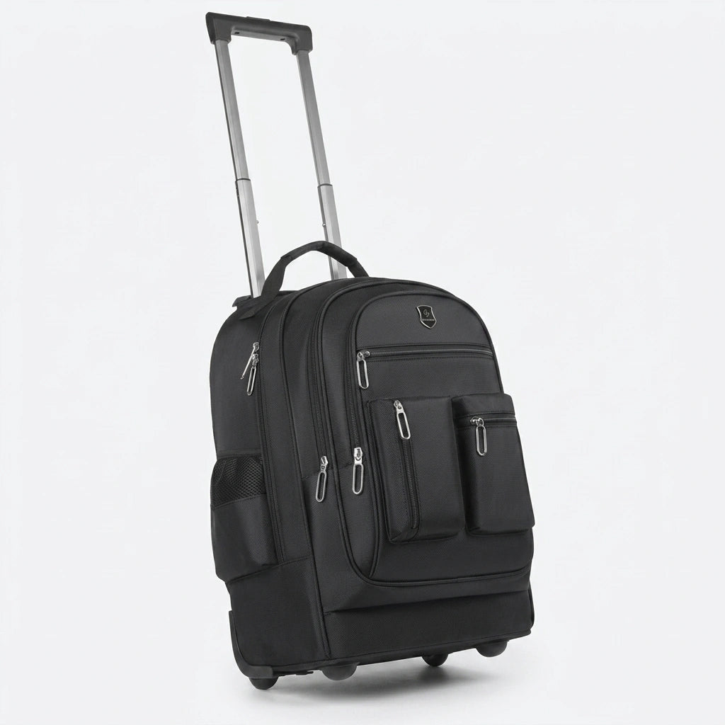 Sac à dos de voyage trolley noir 35L vue 3/4, poignée télescopique déployée et poches multiples