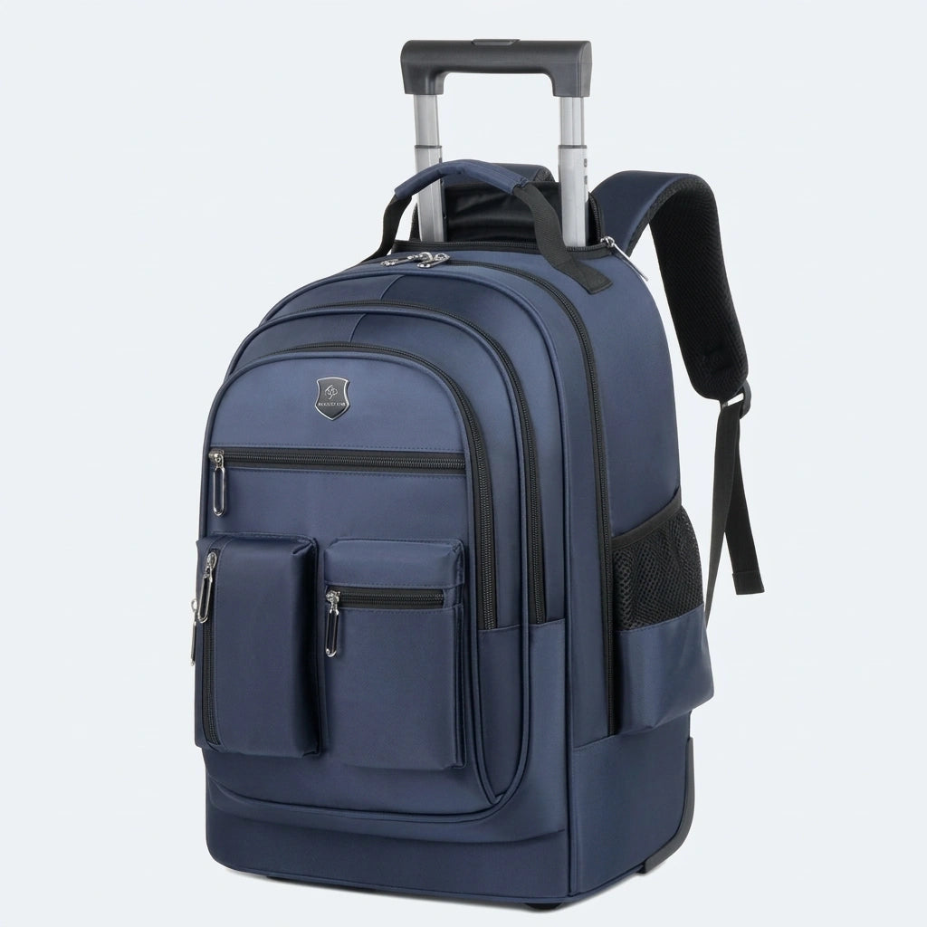 Sac à dos trolley bleu marine 35L de face en mode portage, bretelles rembourrées et roulettes