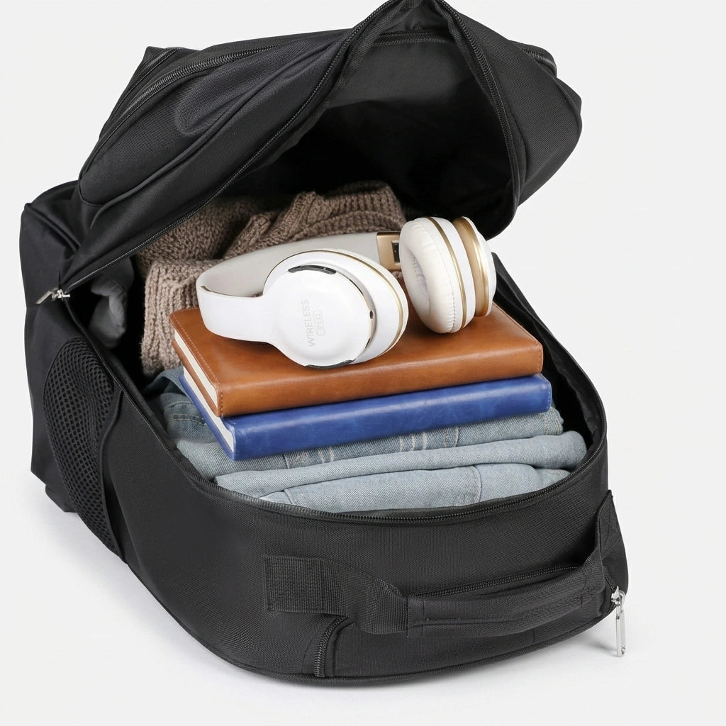Intérieur du sac à dos trolley 35L ouvert, casque blanc, carnets et jean rangés dans le compartiment