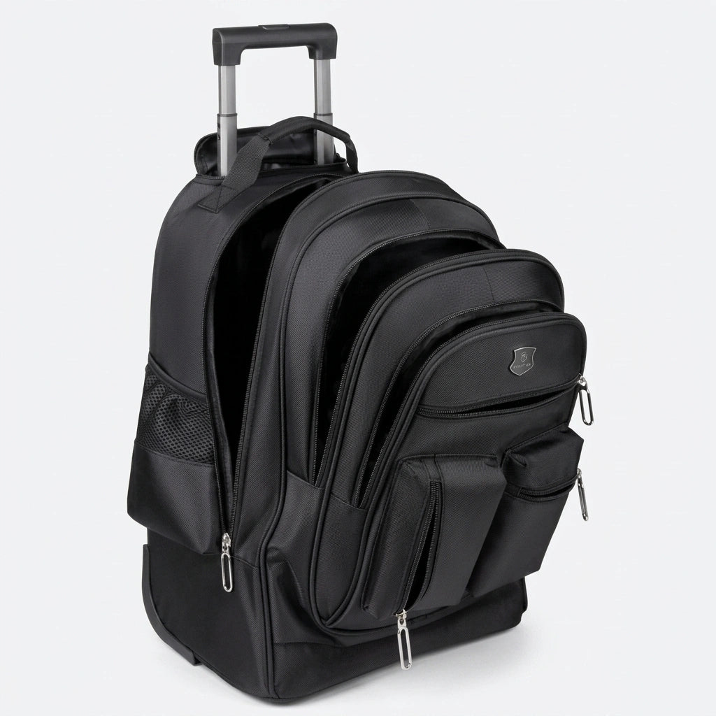 Vue 3/4 arrière du sac à dos trolley noir 35L, compartiments ouverts côte à côte, poignée dépliée